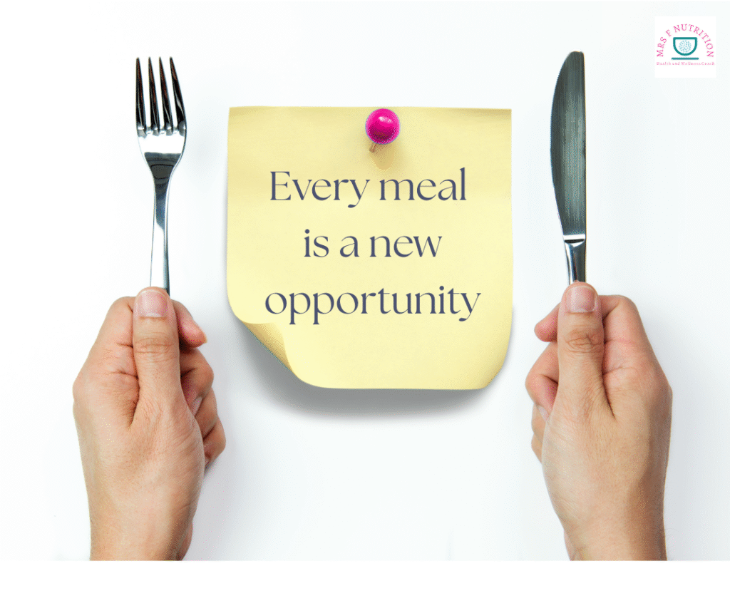 Healthy eating quote. Person holding knife and fork, with sticky note saying 'Every meal is a new opportunity; 