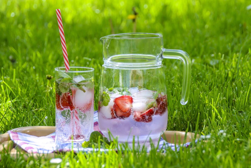 Chilled strawberry and mint refreshment on a picnic blanket outdoors in summer.