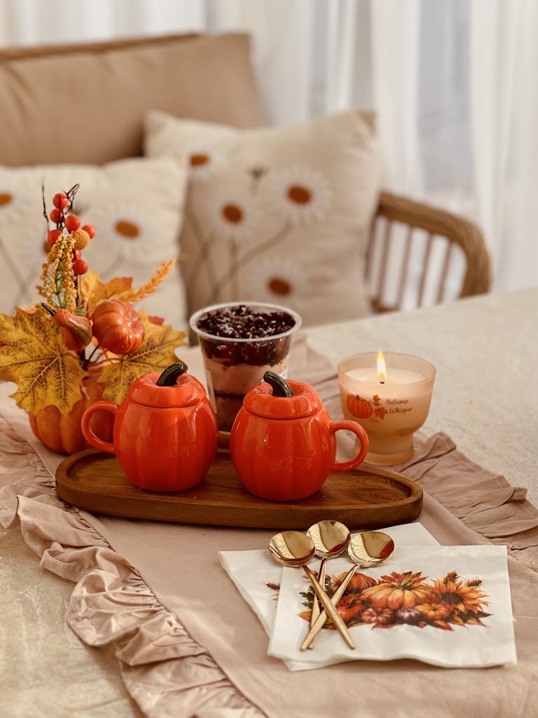 Warm autumn setting with pumpkin mugs, candle, and fall leaves on a cozy table.